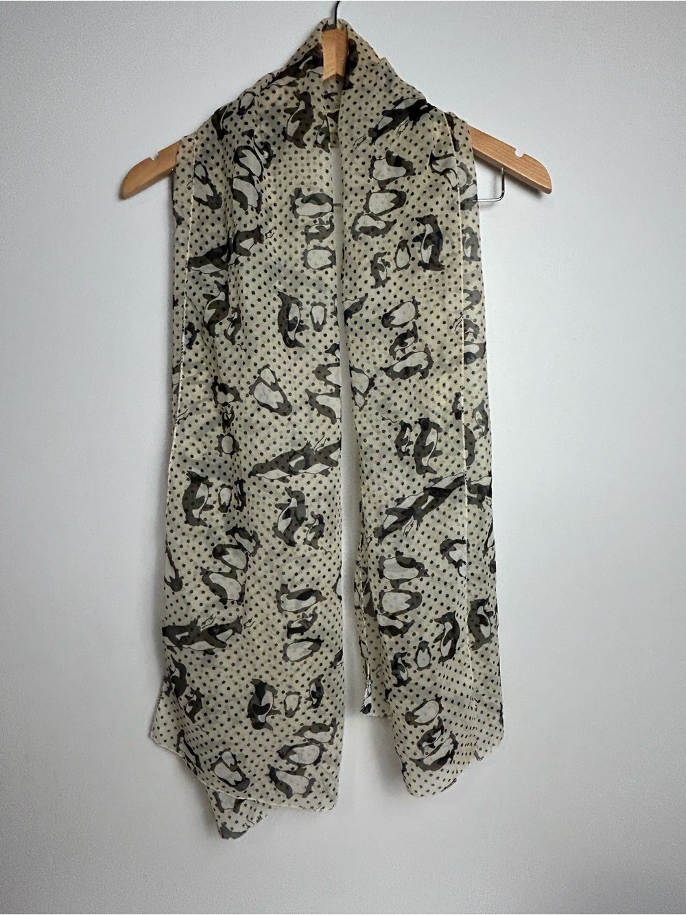 Vintage Penguin Print Sheer Scarf Black Polka Dot Cream Lightweight Wrap